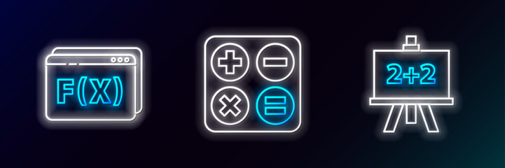 Set line Chalkboard, Function mathematical symbol and Calculator icon. Glowing neon. Vector
