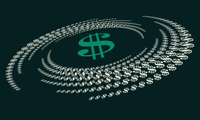 Dollar green sign in circle form. Halftone effect with US currency sign. Perspective view.