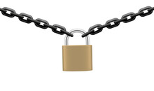Padlock Holding Two Links Of A Strong Chain Together, Brass Colored Security Device, Black Iron Chain. Isolated Vector Illustration On White Background.
