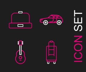 Sticker - Set line Suitcase, Guitar, Car and Beanie hat icon. Vector