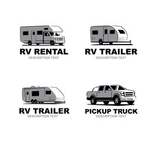 Set Of Monochrome Camper Van Car Logo. Recreational Vehicle And Camping Design Elements.