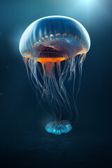 exceptionally rare jellyfish, luminous deep sea creature, deep blue underwater world, mysterious deep sea, generative ai