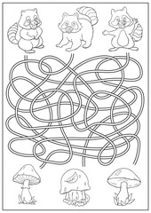 Wall Mural - Maze game and coloring book. Funny labyrinth for children. Find way for raccoons to mushrooms. Education activity page and worksheet. Cartoon vector illustration.