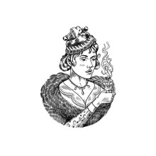 Absinthe Label Badge. Bottle And Shot Glass. Victorian Woman Holding A Toast Drink. Strong Alcohol Logo With Calligraphic Element. Frame For Poster Banner. Hand Drawn Engraved Lettering For T-shirt.