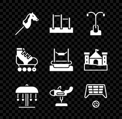 Poster - Set Toy horse, Horizontal bar, Street light, Attraction carousel, Swing plane, Soccer goal with ball, Roller skate and Bungee icon. Vector