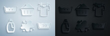 Set Water Spill, Drying Clothes, Bottle For Cleaning Agent, Temperature Wash, Basin With Soap Suds And Icon. Vector