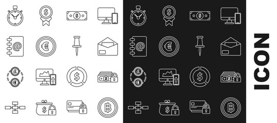 Canvas Print - Set line Cryptocurrency coin Bitcoin, Money with lock, Envelope, Stacks paper money cash, Coin euro symbol, Address book, Stopwatch and Push pin icon. Vector