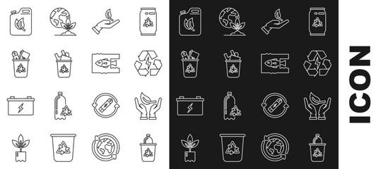 Sticker - Set line Recycle bin with recycle symbol, Sprout hand of environmental protection, Battery, Bio fuel canister and Stop ocean plastic pollution icon. Vector