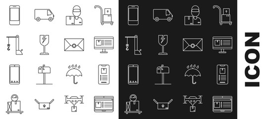 Poster - Set line Laptop with app delivery tracking, Mobile phone, Computer monitor, Delivery man cardboard boxes, Fragile broken glass symbol, Harbor port crane, and Envelope icon. Vector