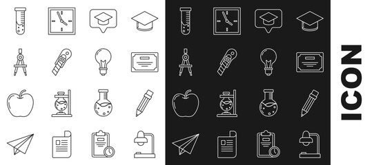 Sticker - Set line Table lamp, Certificate template, Graduation cap in speech bubble, Stationery knife, Drawing compass, Test tube and flask chemical laboratory and Light bulb concept of idea icon. Vector