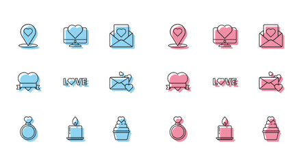 Sticker - Set line Wedding rings, Burning candle, Map pointer with heart, Love text, Envelope, Heart ribbon and Computer monitor icon. Vector