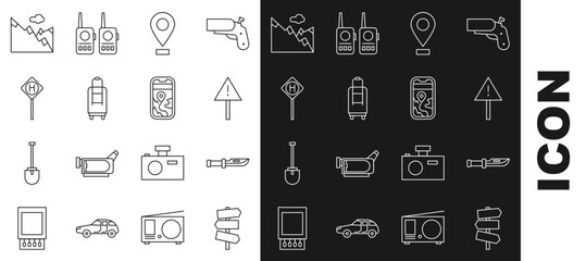 Wall Mural - Set line Road traffic signpost, Camping knife, Exclamation mark triangle, Location, Suitcase, Parking, Mountains and City map navigation icon. Vector