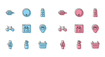 Sticker - Set line Smart watch, Sport bottle with water, Bicycle pedal, basket, rental mobile app, Location bicycle, and wheel icon. Vector