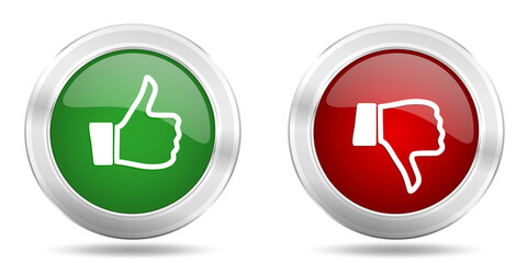 Aufkleber - Like and unlike concept web buttons, silver metallic thumb up and down vector icons isolated on white background