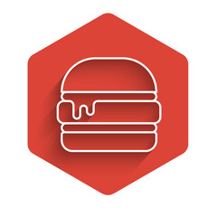 Poster - White line Burger icon isolated with long shadow background. Hamburger icon. Cheeseburger sandwich sign. Fast food menu. Red hexagon button. Vector