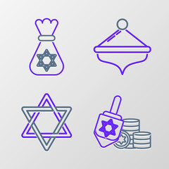 Sticker - Set line Hanukkah dreidel and coin, Star of David, and Jewish money bag with star david icon. Vector