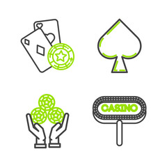 Sticker - Set line Casino signboard, Hand holding casino chips, Playing card with spades symbol and playing cards icon. Vector