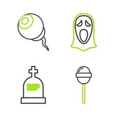 Canvas Print - Set line Lollipop, Tombstone with RIP, Funny and scary ghost mask for Halloween and Eye icon. Vector