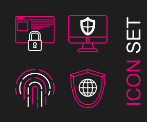 Sticker - Set line Shield with world globe, Fingerprint, Computer monitor and shield and Secure your site HTTPS, SSL icon. Vector