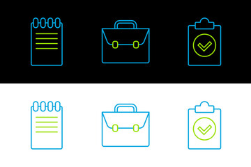 Sticker - Set line Completed task, Notebook and Briefcase icon. Vector