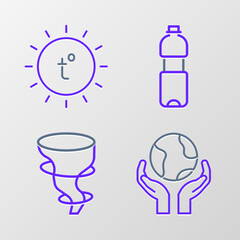 Sticker - Set line Hands holding Earth globe, Tornado, Bottle of water and Sun icon. Vector