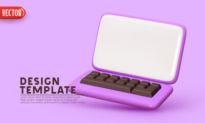 Wall Mural - Modern computer monitor with keyboard. Web page template landing page. Desktop computer screen template. Realistic 3d cartoon style design. Isolated on lilac background. vector illustration