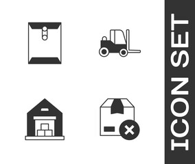 Wall Mural - Set Carton cardboard box, Envelope, Warehouse and Forklift truck icon. Vector