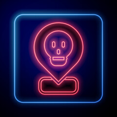 Glowing neon Radioactive in location icon isolated on black background. Radioactive toxic symbol. Radiation Hazard sign. Vector