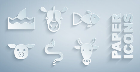 Wall Mural - Set Snake, Fish, Pig, Cow head, Rhinoceros and Shark fin ocean wave icon. Vector