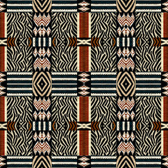 African kente cloth patchwork effect pattern. Seamless geometric quilt fabric all over background. Patched boho rug safari shirt repetitive tile swatch