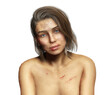 Battered abused woman. Closeup portrait. 3D metaverse illustration isolated