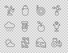 Set Line Sun And Cloud Weather, Tractor, Garden Hose, Waterproof Rubber Boot, Strawberry Bush, Well With Bucket, Cheese And Scarecrow Icon. Vector