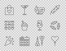 Set Line Festive Confetti, Balloon In Form Of Heart, Mixed Punch Bowl, Birthday Calendar, Shopping Bag With, Cake, Dart Arrow And Candy Icon. Vector