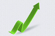 Growing Green Arrow up. Growth chart sign. Flexible arrow indication statistic. Colorful curve arrow of trend on transparent. Trading stock news impulses. Trade infographic. Realistic 3d vector design