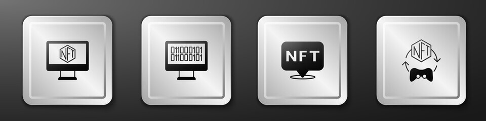 Set Monitor with art store app, Binary code, NFT Digital crypto and icon. Silver square button. Vector