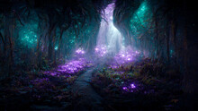 Fantasy And Fairytale Magical Forest With Purple And Cyan Light Lighting Pathway. Digital Painting Landscape.