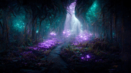 fantasy and fairytale magical forest with purple and cyan light lighting pathway. digital painting l