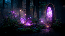 Fairy Magical Portal In Fantasy Forest. Purple Light At Night. Digital Painting Scenery.