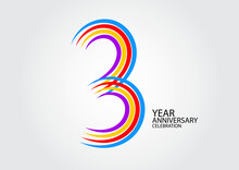 3 Years Anniversary Celebration Logotype Colorful Line Vector, 3rd Birthday Logo, 3 Number Design, Banner Template, Logo Number Elements For Invitation Card, Poster, T-shirt.