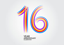 16 Years Anniversary Celebration Logotype Colorful Line Vector, 16th Birthday Logo, 16 Number Design, Banner Template, Logo Number Elements For Invitation Card, Poster, T-shirt.
