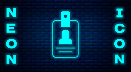 Poster - Glowing neon Identification badge icon isolated on brick wall background. It can be used for presentation, identity of the company, advertising. Vector