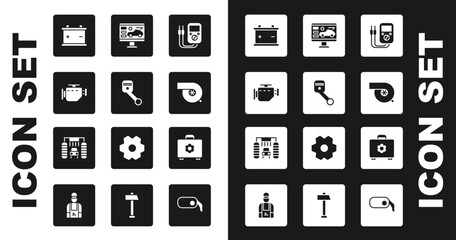 Poster - Set Multimeter, Engine piston, Check engine, Car battery, Automotive turbocharger, Diagnostics condition of car, Toolbox and wash icon. Vector