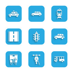 Wall Mural - Set Traffic light, Scooter, Bus, Hatchback car, Road, Train and railway and Taxi icon. Vector