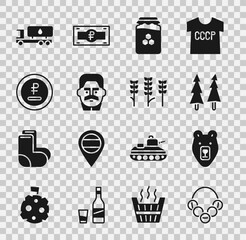 Sticker - Set Russian bagels, Bear head, Christmas tree, Jar of honey, Joseph Stalin, Rouble, ruble currency, Tanker truck and Wheat icon. Vector