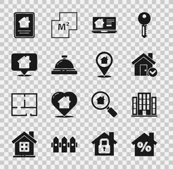 Sticker - Set House with percant discount, check mark, Online real estate house, Hotel service bell, Location, and icon. Vector