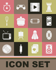 Poster - Set Stereo speaker, American Football ball, Domino, Play Video, Cooking pot, Kitchen whisk, Stopwatch and Portable video game console icon. Vector