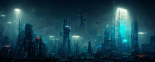 Dark Futuristic City With Towers And Building. Urban Landscape Digital Painting.