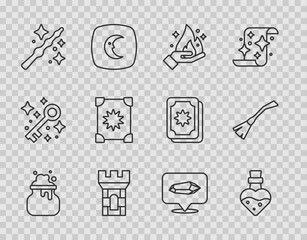 Poster - Set line Witch cauldron, Bottle with potion, Hand holding fire, Castle tower, Magic wand, Ancient magic book, stone and Witches broom icon. Vector