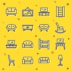 Sticker - Set line Floor lamp, Dressing table, Rocking chair, TV stand, Furniture nightstand, Sofa, and icon. Vector