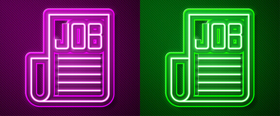 Sticker - Glowing neon line Search job icon isolated on purple and green background. Recruitment or selection concept. Human resource and recruitment for business. Vector